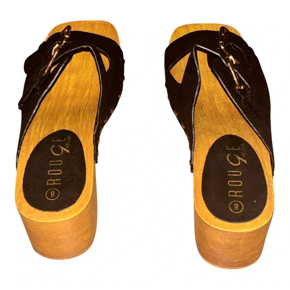 Rouge Helium Black Suede Double Buckle Platform Clog Slide Sandals Womens 8
